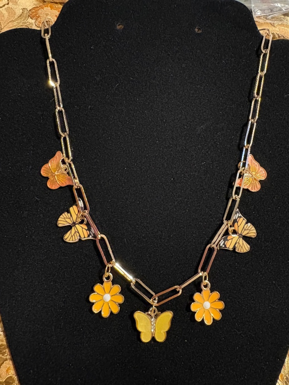 Parky’s Place Yellow Butterfly Daisy Charm Necklace Gold Paperclip Chain 18”